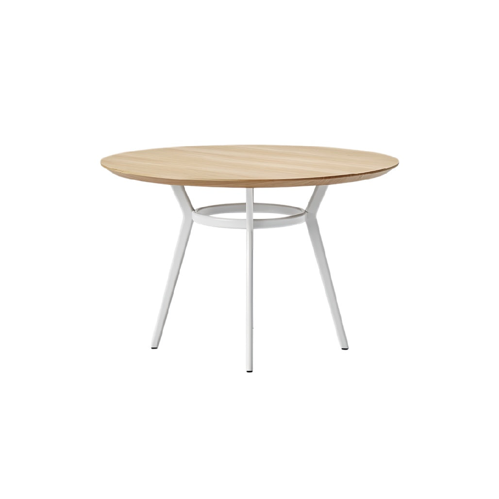 **Ronde Eettafel met Houten Bovenblad en Wit Metaal Onderstel**