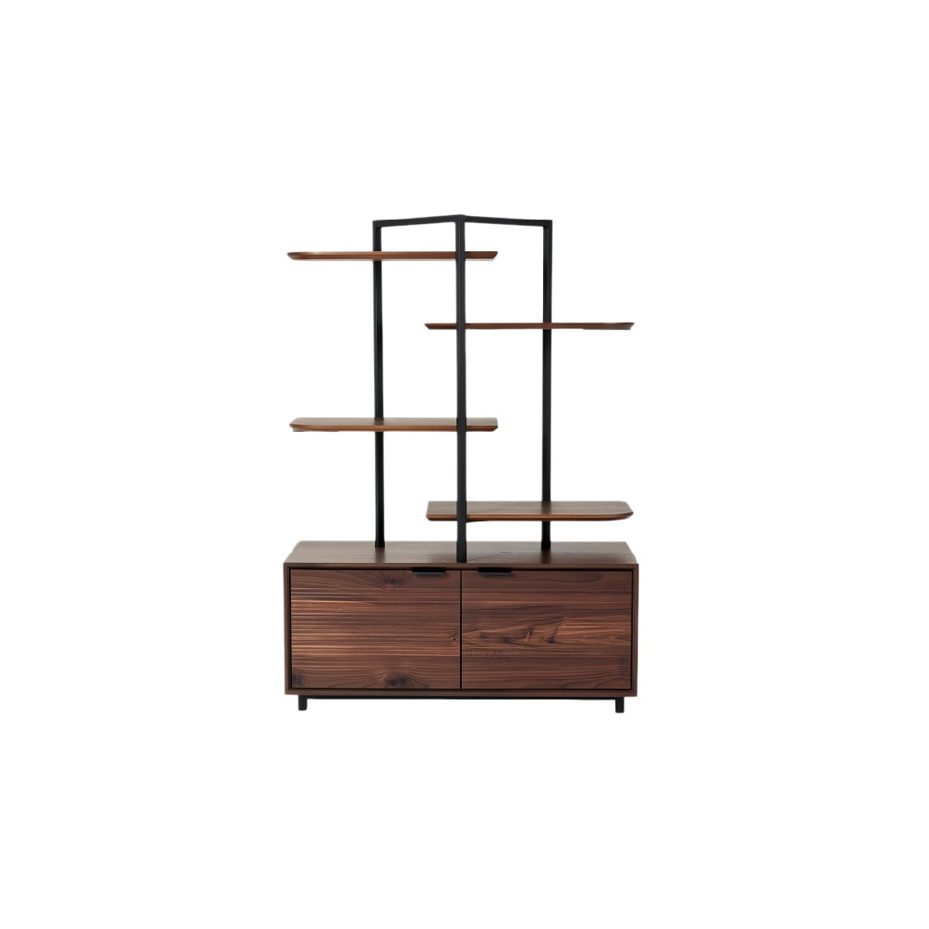 **Technische titel in het Nederlands: Moderne houten vitrinekast met metalen frame**