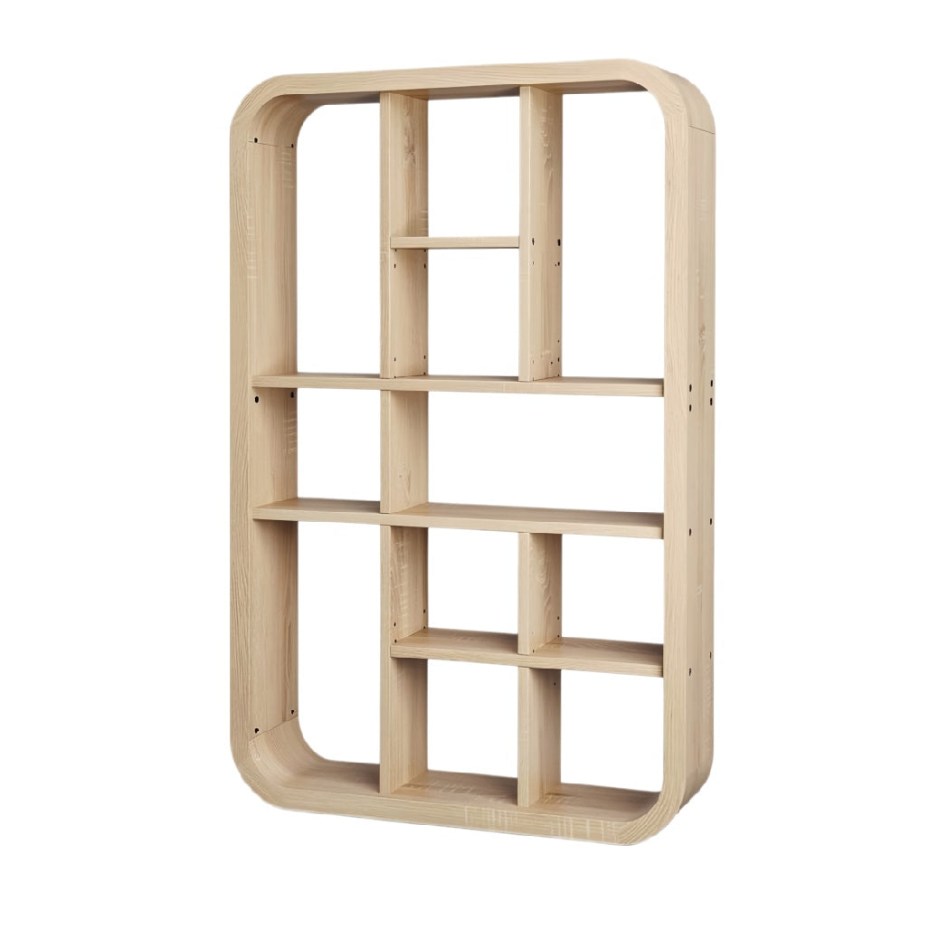 **Technische titel in het Nederlands:** Modern houten boekenrek met open vakken.