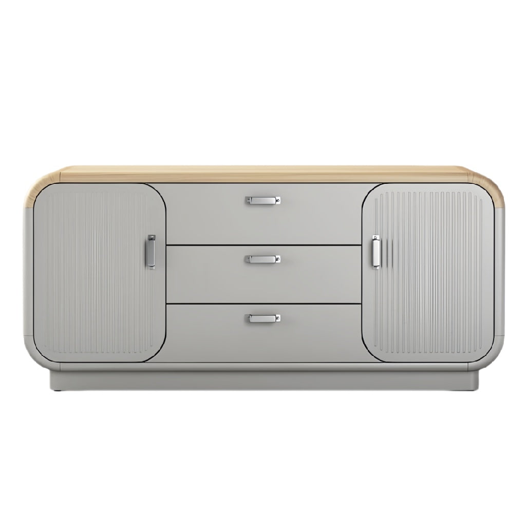 Technische titel in het Nederlands: **Moderne Grijze Dressoir met Houten Bovenkant en Lades**