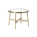 **Technische titel in het Nederlands: Moderne glazen salontafel met gouden metalen frame en houten details**