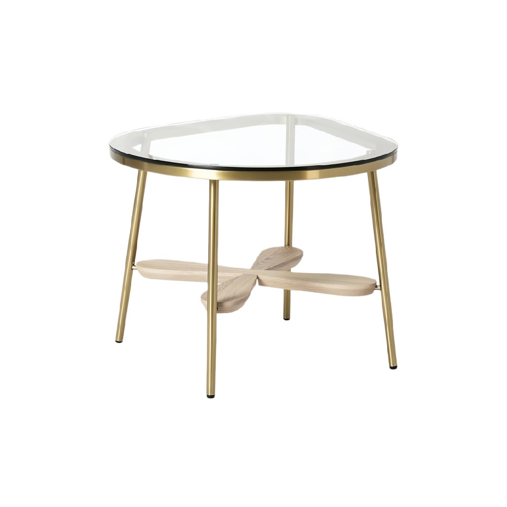 **Technische titel in het Nederlands: Moderne glazen salontafel met gouden metalen frame en houten details**